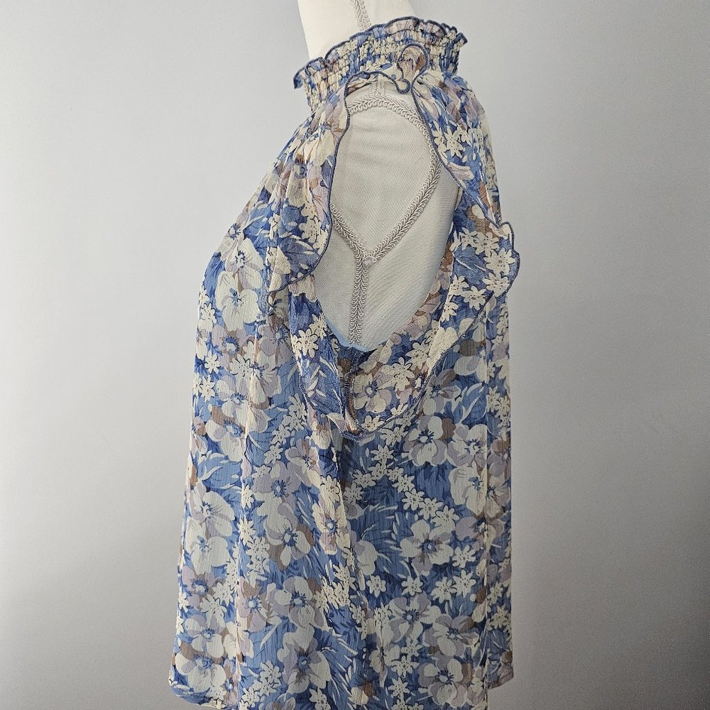 MELLODAY blue BLOUSE top FLORAL lined SMOCKED ruffles BLOUSE - Picture 6 of 12